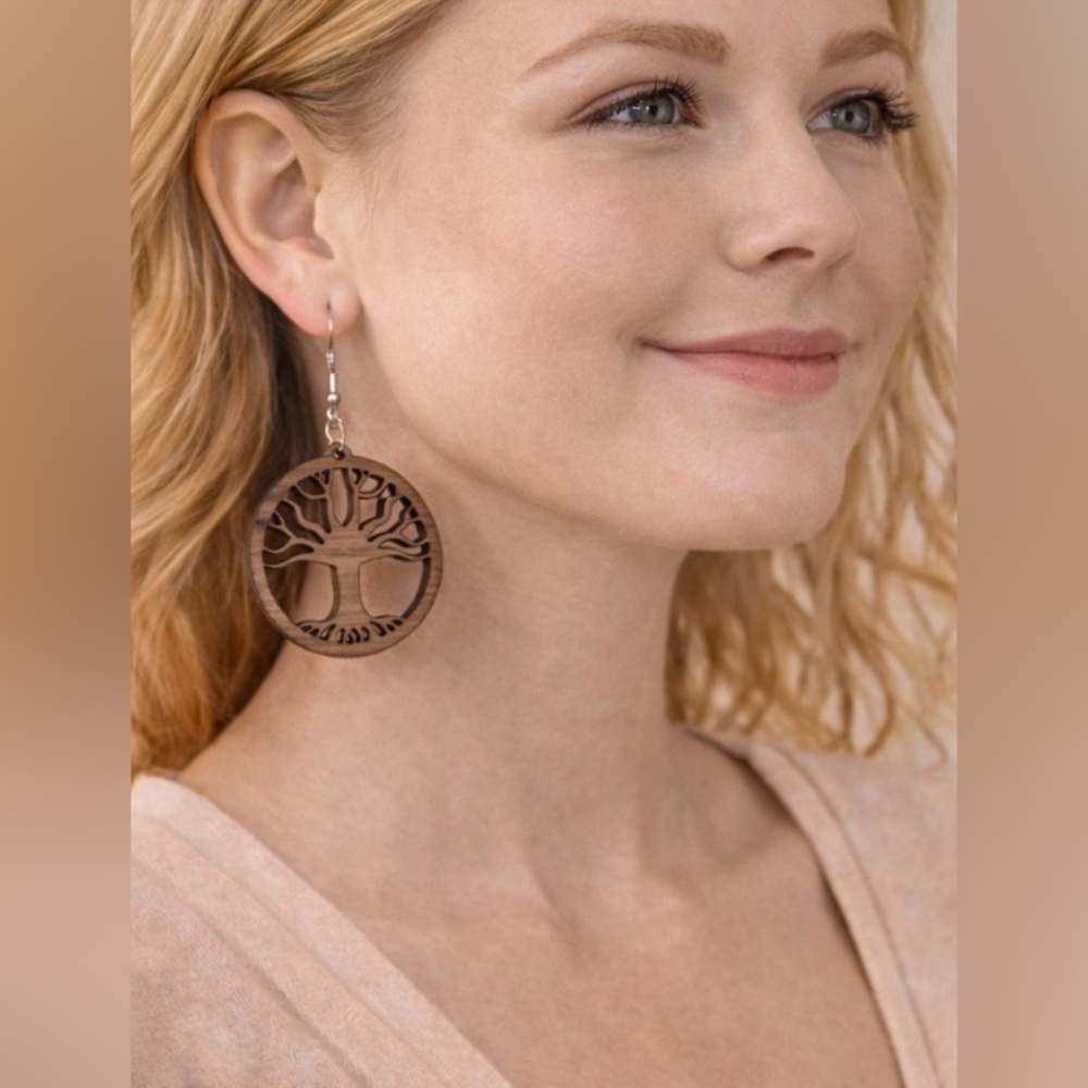 Handmade Wooden Tree of Life Engraved Dangle Earrings Boho Nature Jewelry